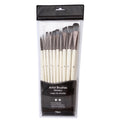 Ten pearl white nylon paint brushes with wooden handles in a clear PVC bag.