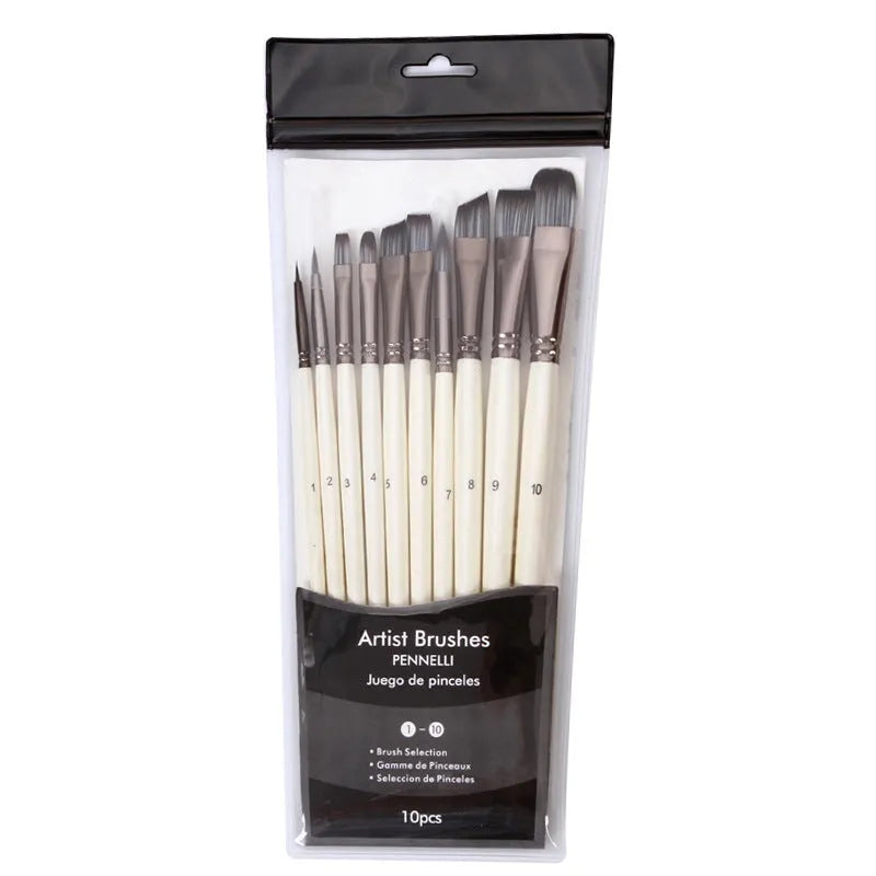 Ten pearl white nylon paint brushes with wooden handles in a clear PVC bag.