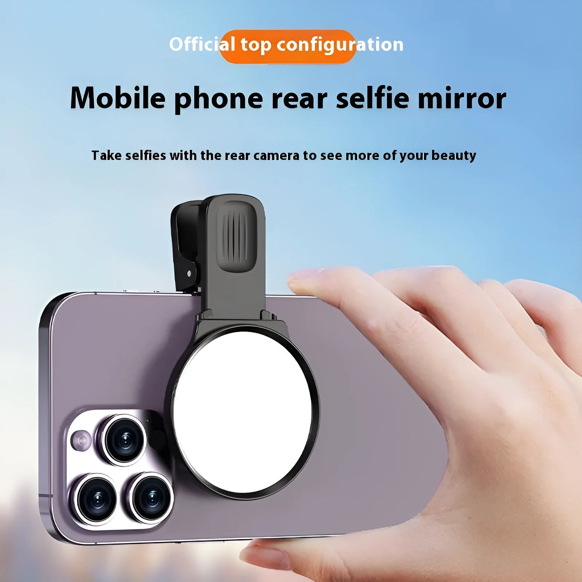 Black mobile phone rear camera self-timer mirror clip with plastic and glass construction, shown attached to a phone.