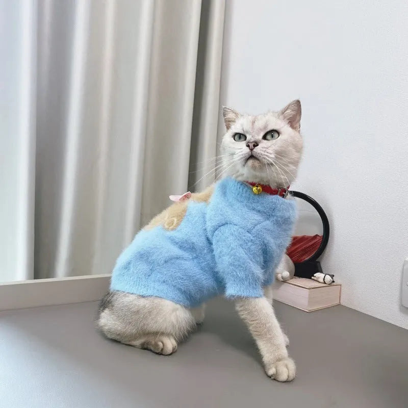 New winter dog cat bow tie bear sweater in wool, pet clothing in purple, pink, green-blue, white