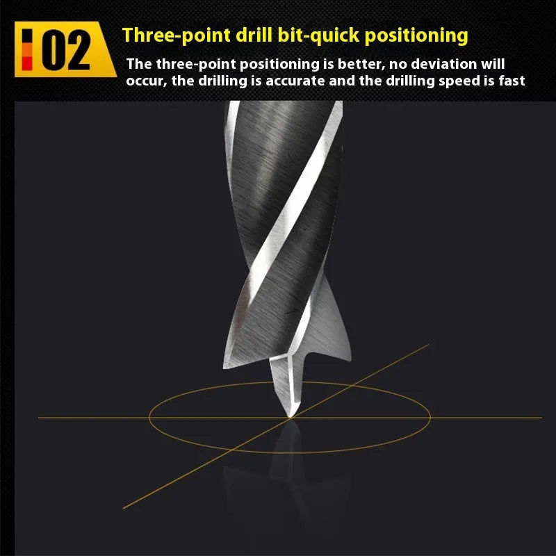 Woodworking twist punch drilling bit set with steel bits and hexagonal handle, five pieces on a dark background