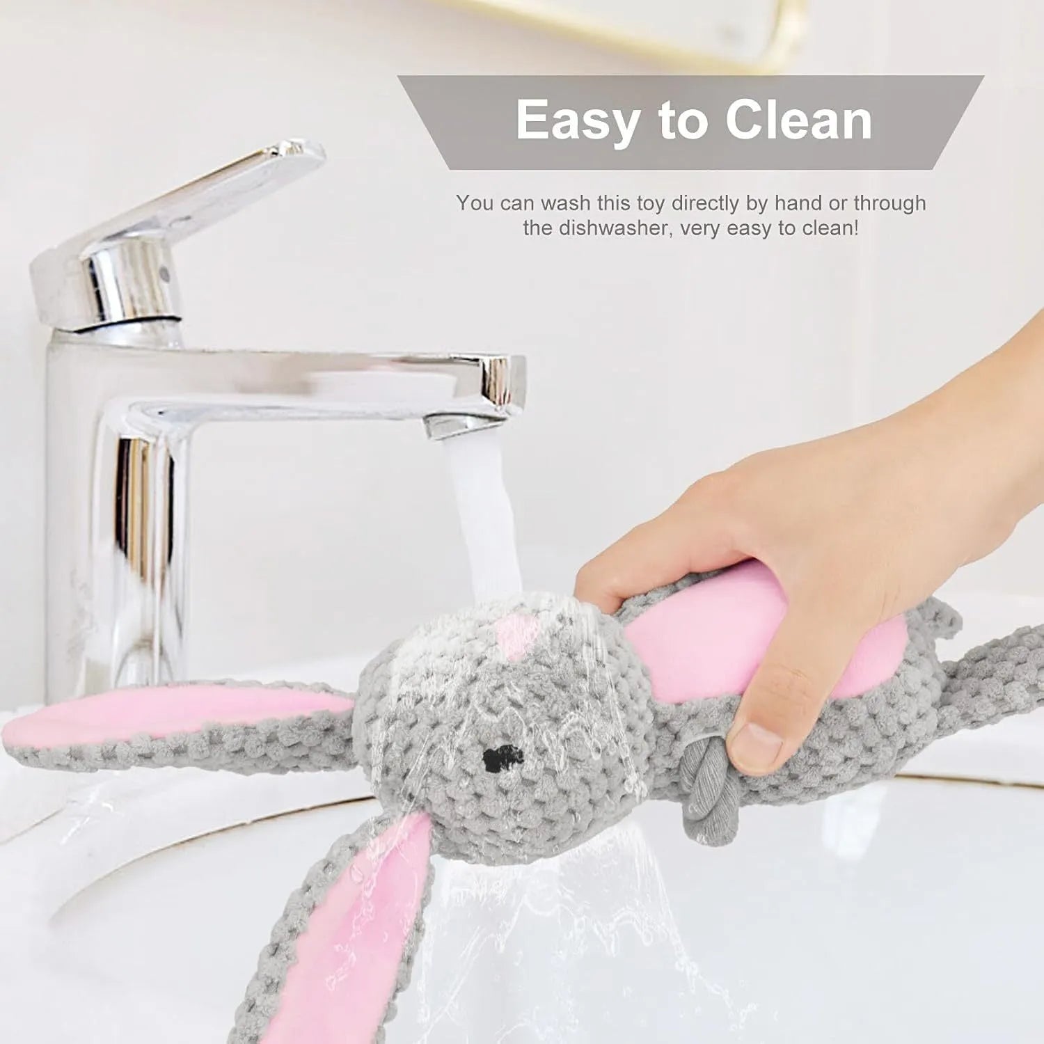 Animal-shaped plush dog toy with integrated cotton rope, shown in elephant, fox, monkey, pig, and rabbit designs.