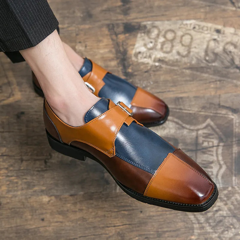 Men's brown blue and black retro buckle leather shoes with tall crown design