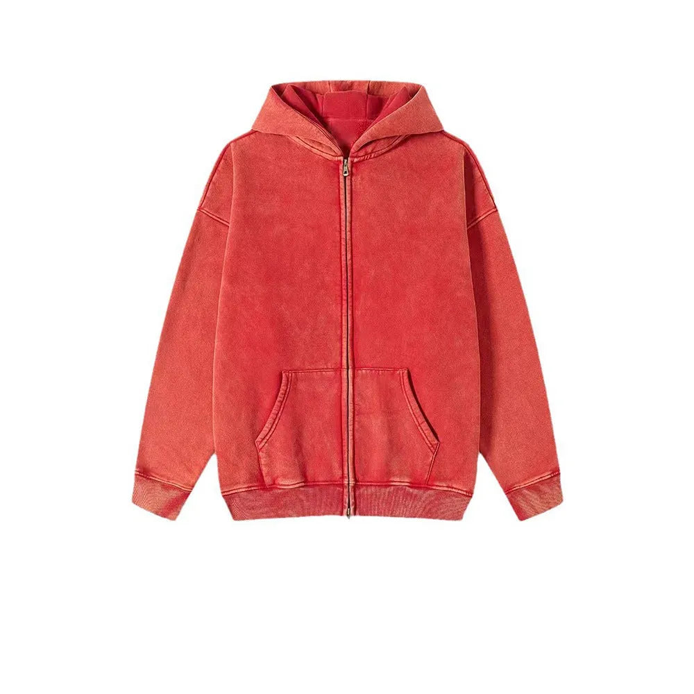 Men's vintage-style cotton hooded cardigan in washed colours with double zipper front