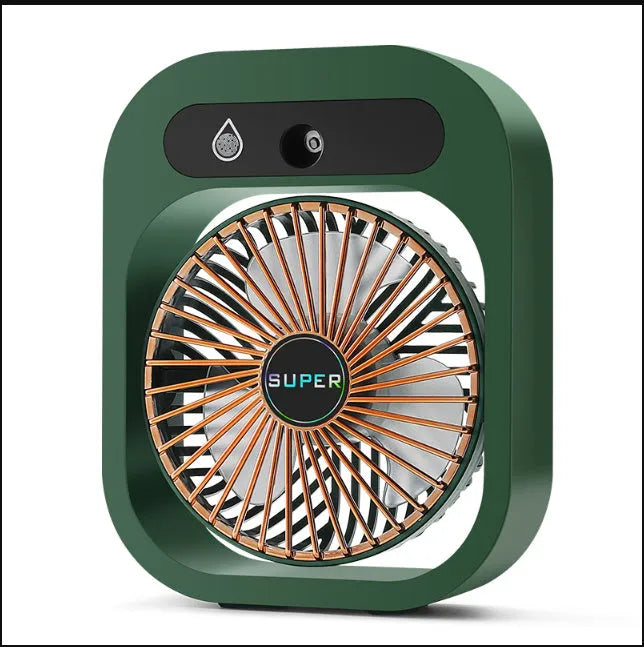 Green and white USB portable misting fan with humidifier function on desk