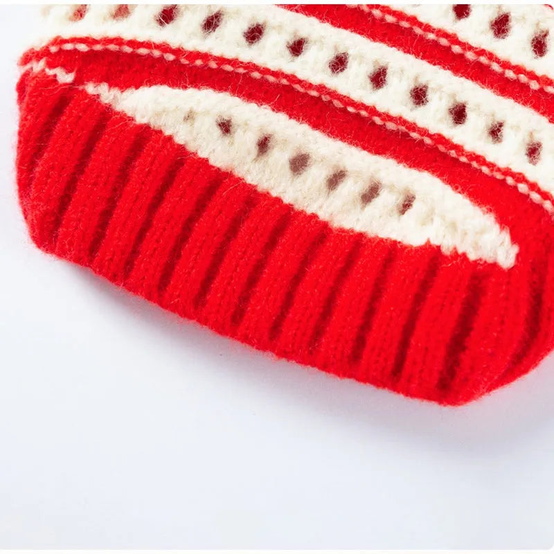Red and white knitted pet sweater with cut-out detail and 3D cherry embroidery for small dogs and cats