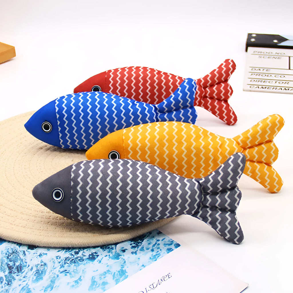 Burlap fish catnip cat toy in bright colour with crinkle sound, 8.27 inches long, on floor