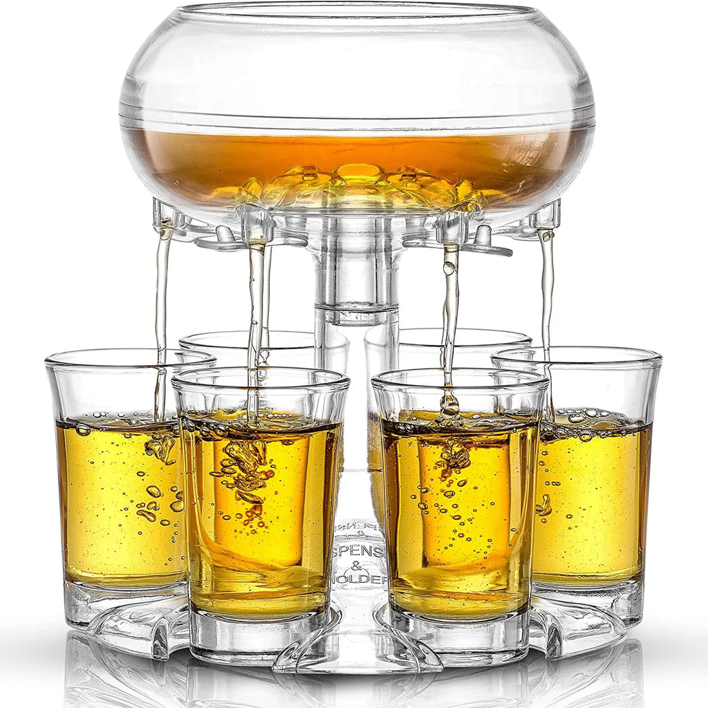 Six-shot glass dispenser holder with six glasses in transparent PMMA material