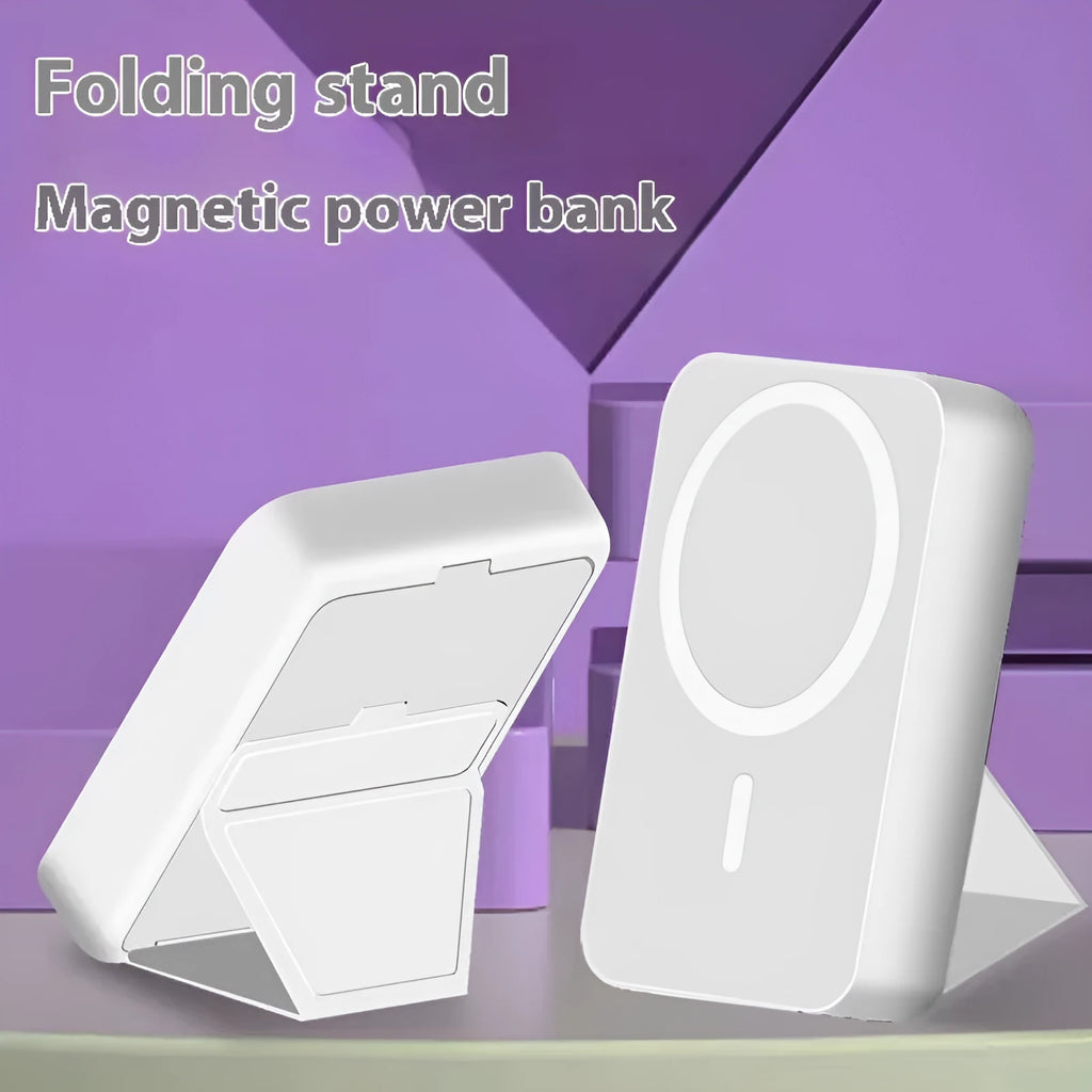 Folding bracket magnetic suction power bank 10000 MA in black plastic shell with phone attached showing stand mode