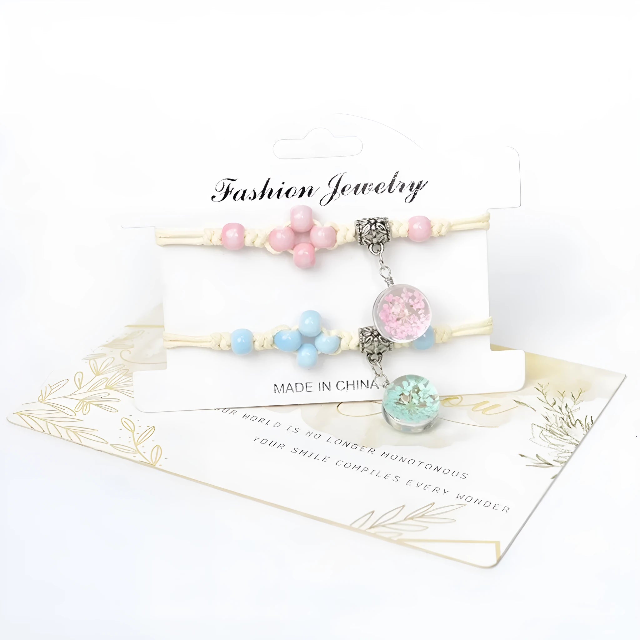 Close-up of a hand-woven glass dried flower bracelet with large colourful beads on a wrist.