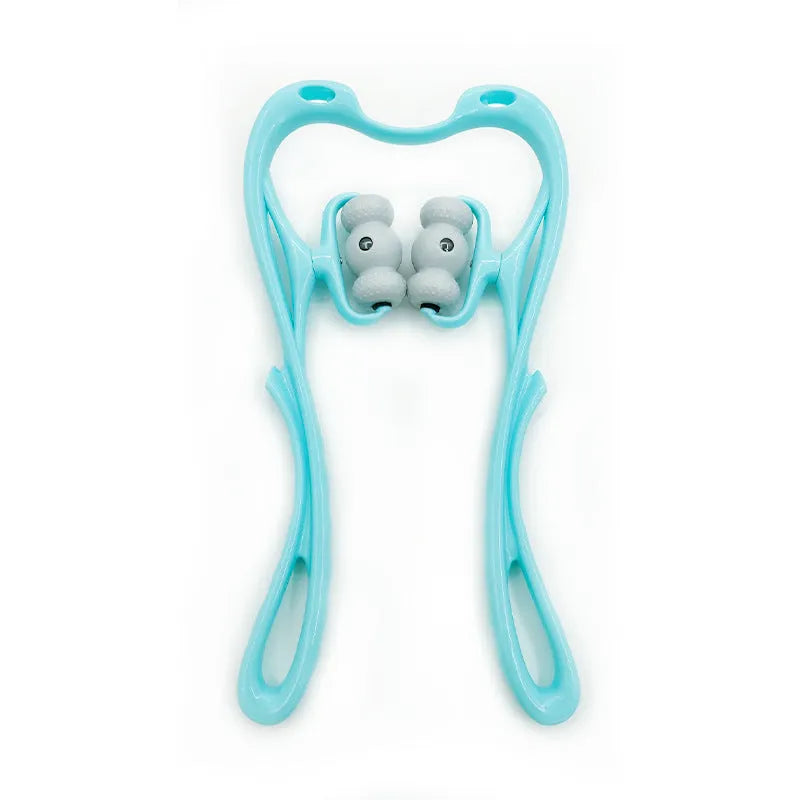 Blue handheld neck massager with pressure points showing 360-degree rotation capability