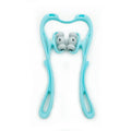 Blue handheld neck massager with pressure points showing 360-degree rotation capability