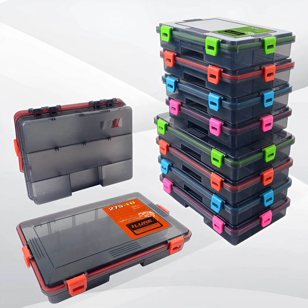 Waterproof fishing lure storage box in PP plastic showing colour options and size specifications