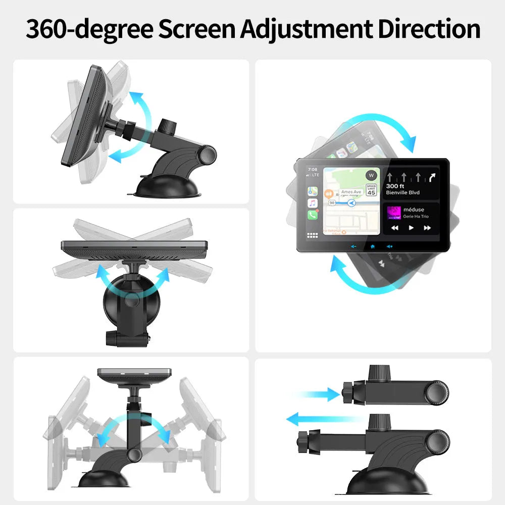 7-inch car wireless CarPlay display with suction cup mount and astern video cable on a dashboard