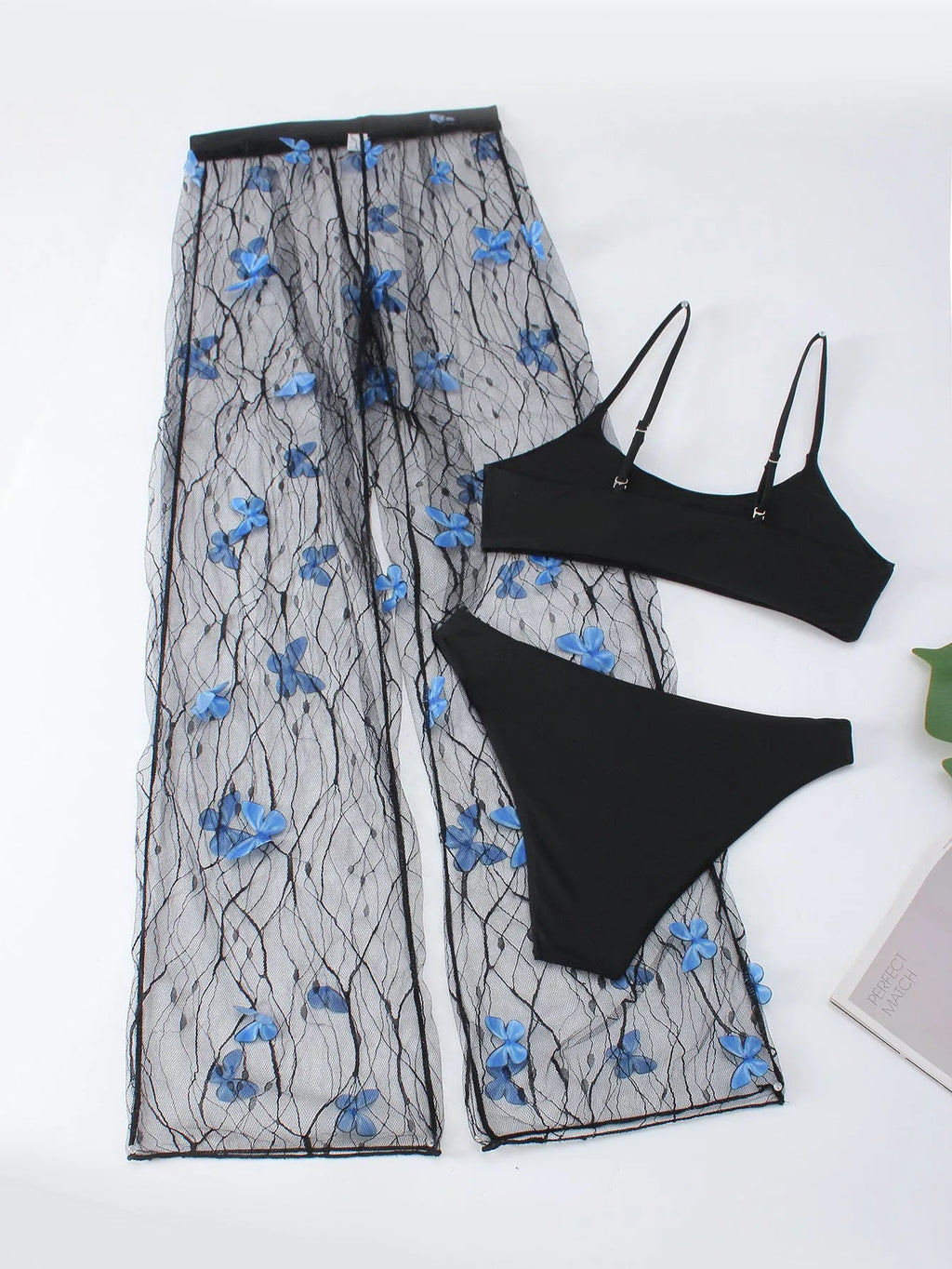 Black women's bikini three-piece set with transparent voile butterfly pattern