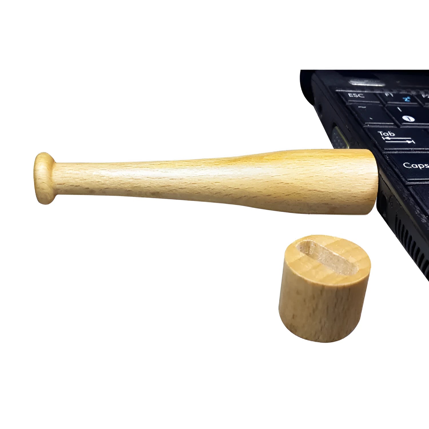 Wooden baseball bat shaped USB flash drive with 16GB storage capacity on wooden surface