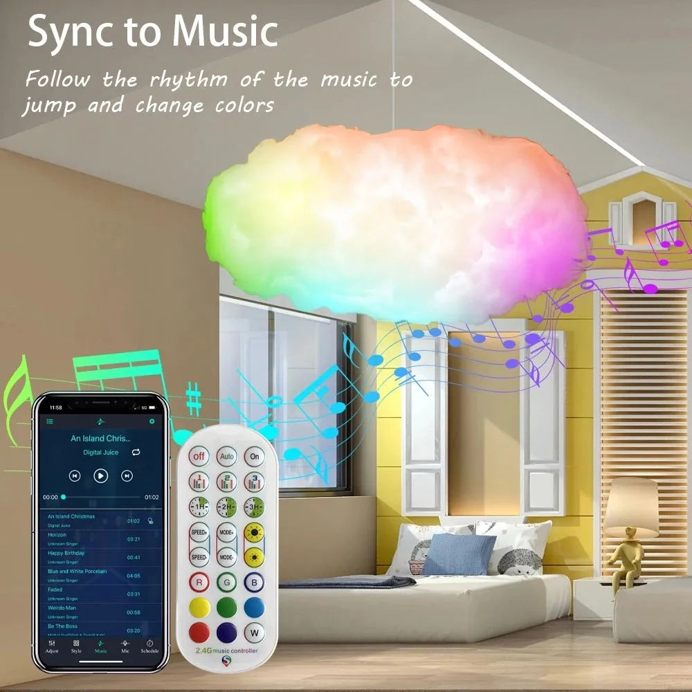White fabric cloud-shaped pendant light with colourful RGBIC LED lighting and a USB cable.