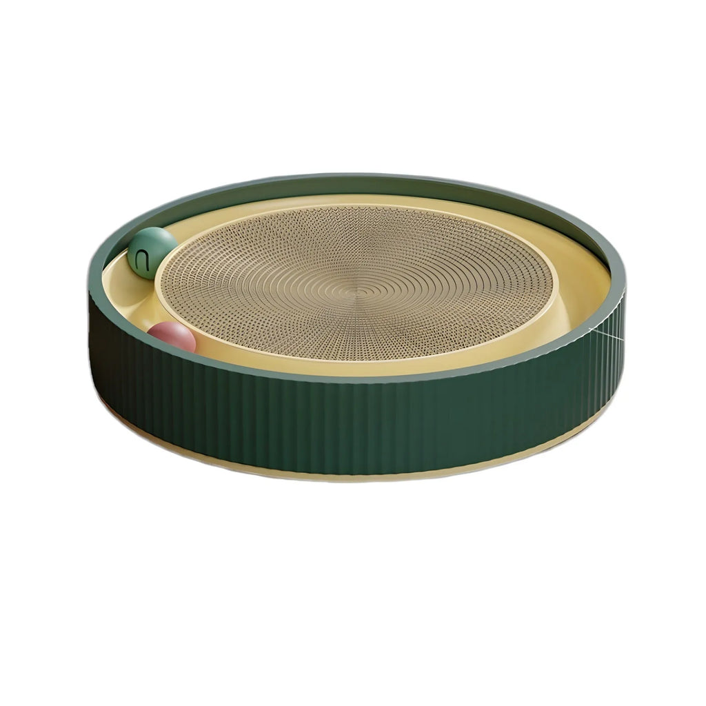 Large green cat scratching board with moving balls and spring plush toy, 45cm diameter