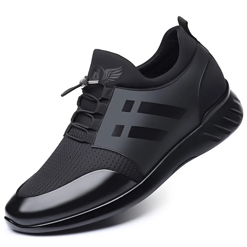 Men's black casual height increasing shoes in leather, Lycra, and mesh variants with round toe and chunky heel.