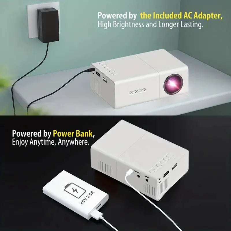 M100 portable mini LED projector in black or white showing 100-inch projection capability