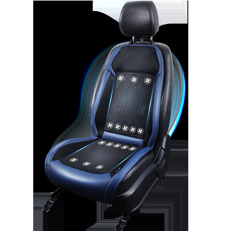 Minimalist black car seat cooling cushion with built-in ventilation fans and a USB power cable.