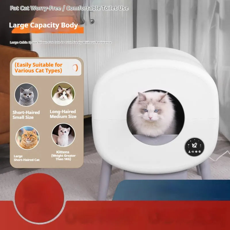 Automatic self-cleaning cat litter box made from white ABS plastic with a cleaning brush and tablets.