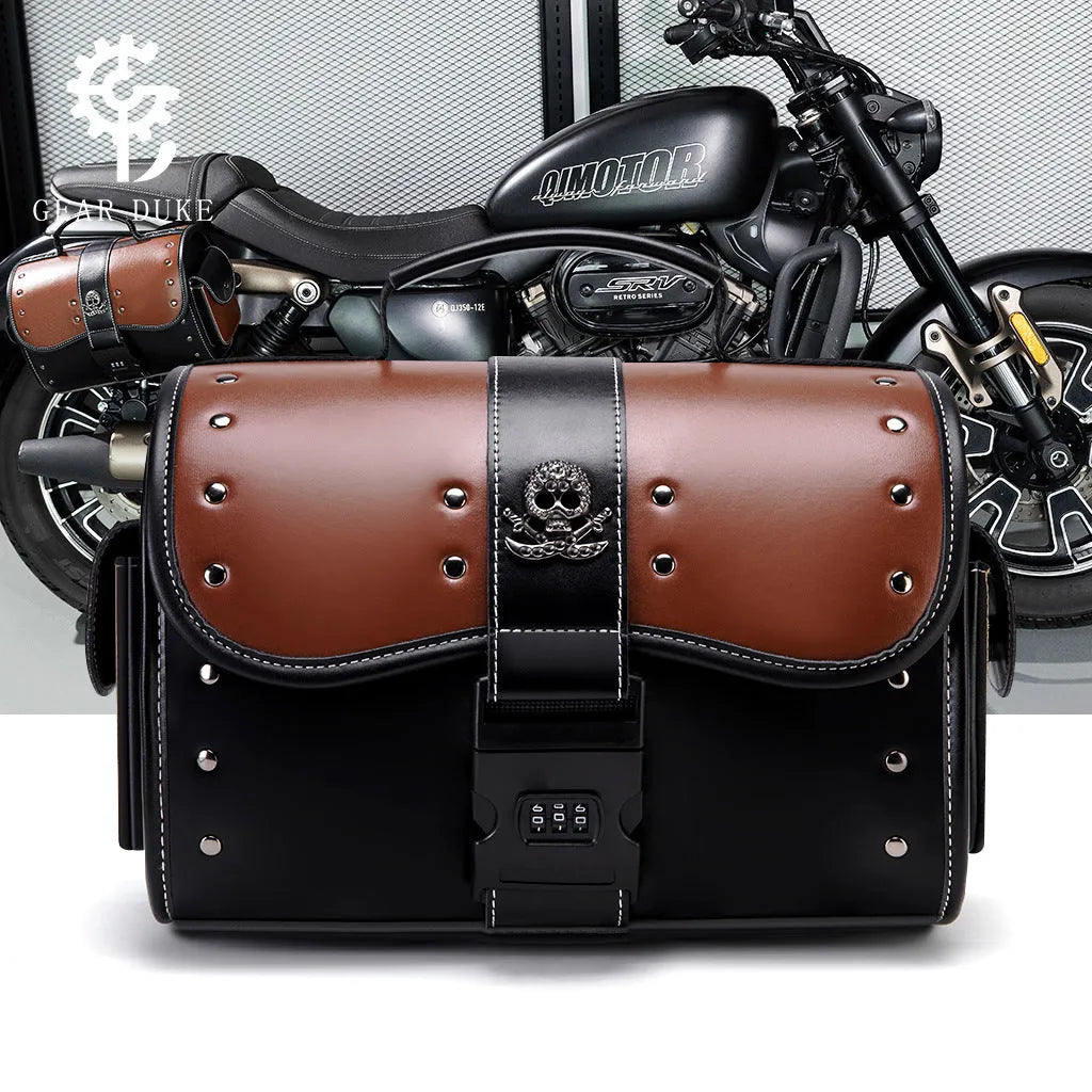 PU leather motorcycle front bag with colour contrast patchwork design mounted on handlebars