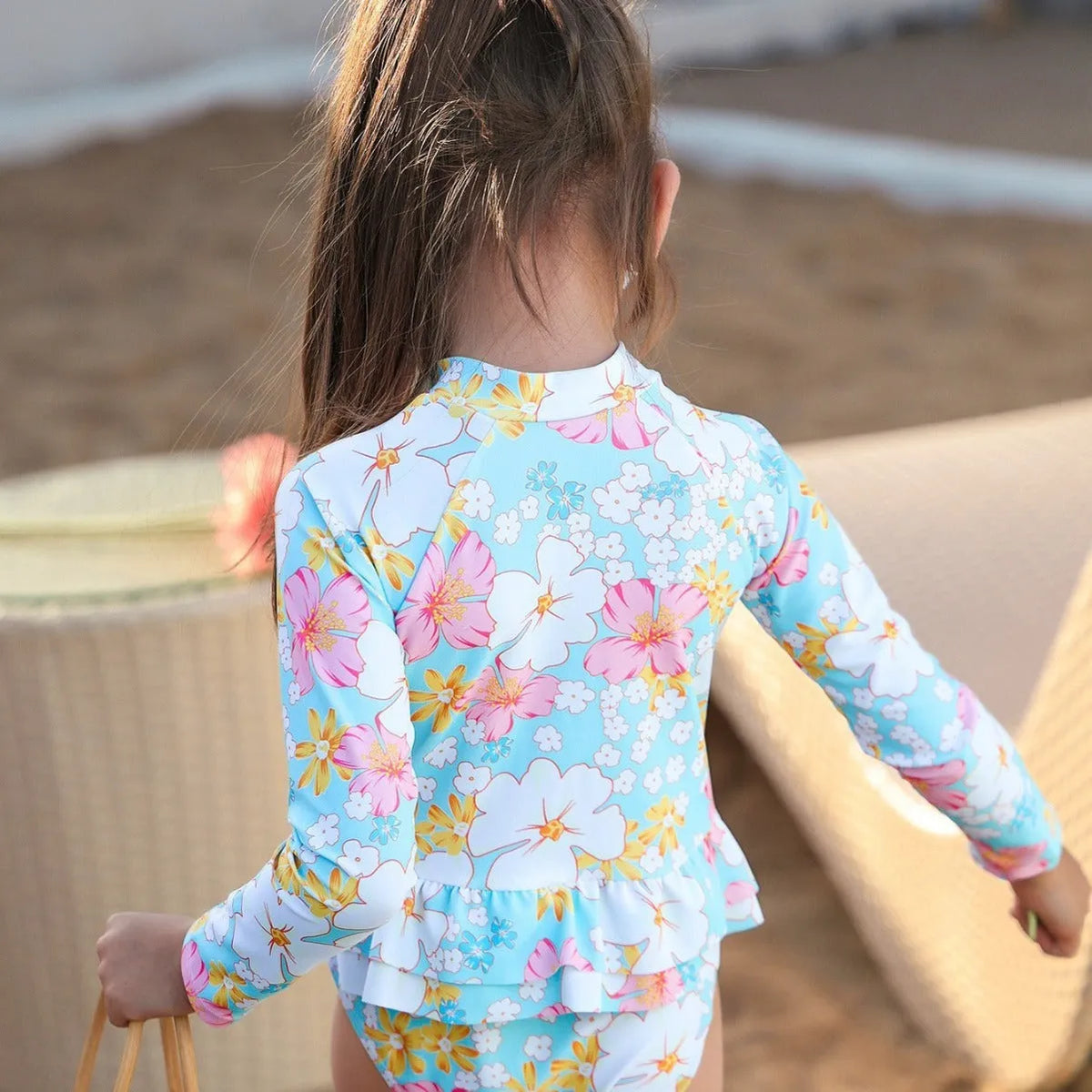 Girls' sky blue one-piece swimsuit with long sleeves and floral print, nylon fabric, sizes 100-140