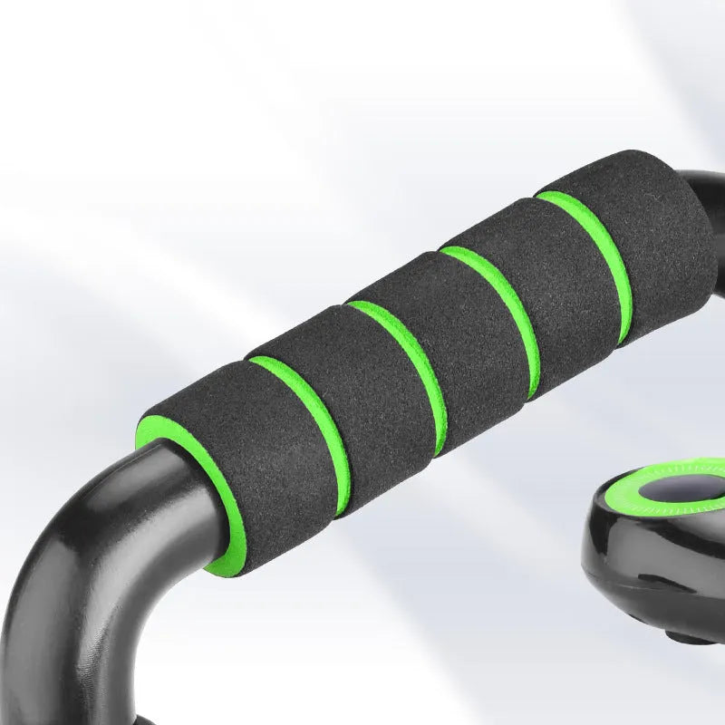I-shaped push up bar with black and fruit green foam grips, PP plastic detachable home fitness equipment