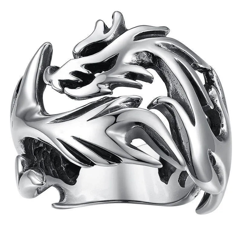Adjustable metal ring with Chinese dragon pattern in antique silver blue and green electroplated finish
