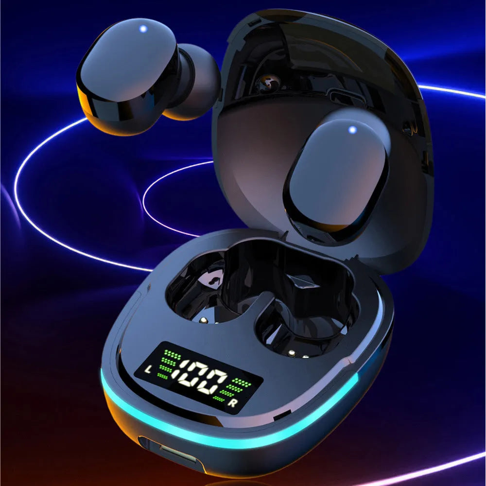 Black true wireless Bluetooth in-ear headphones with charging case on dark background