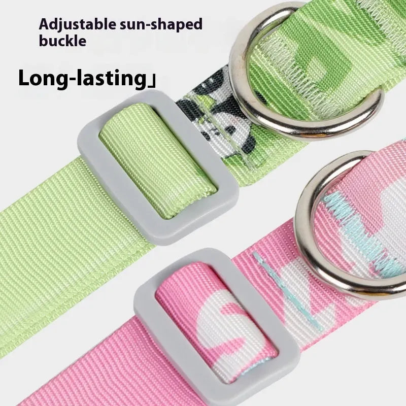 Adjustable nylon dog collar showing cartoon gradient print, displayed next to a solid panda green version.