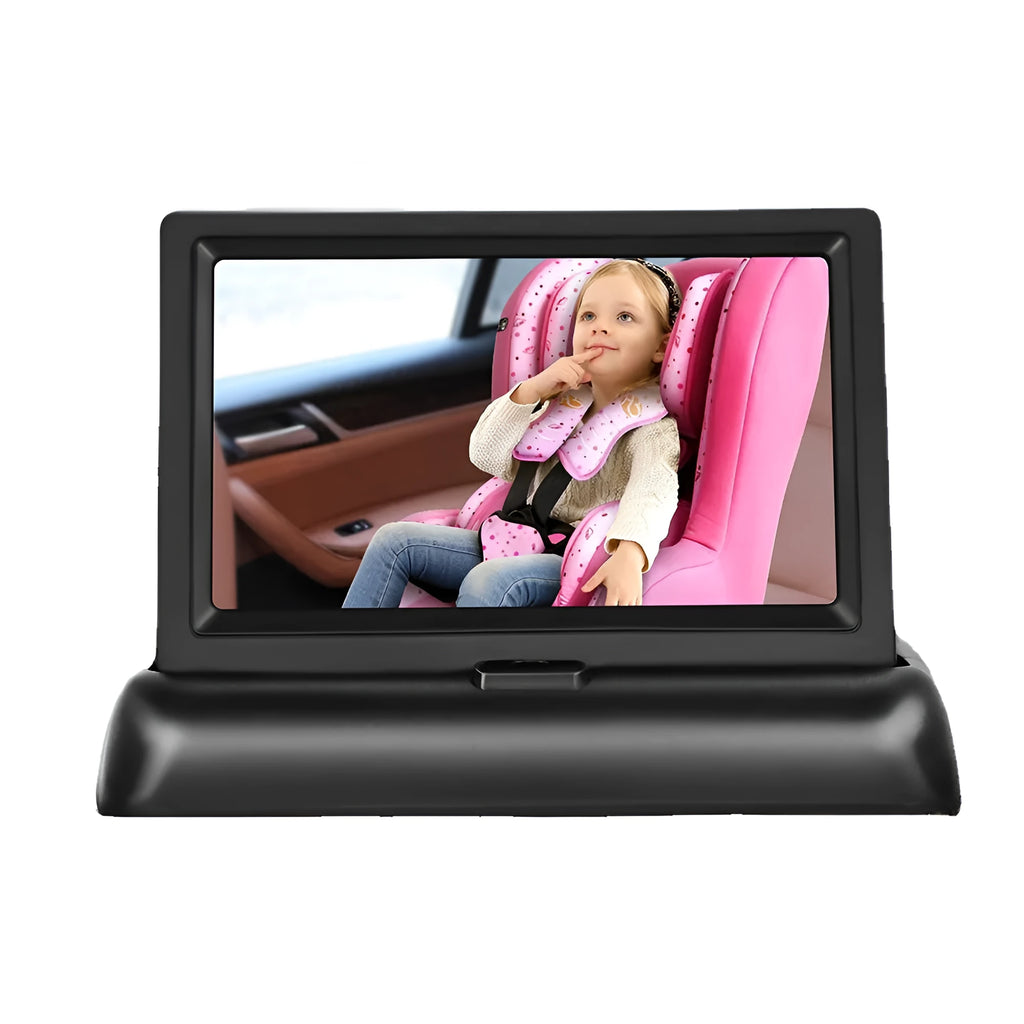 Black car baby monitor with 4.3-inch folding screen, 6-metre camera cable, and cigarette lighter power cord