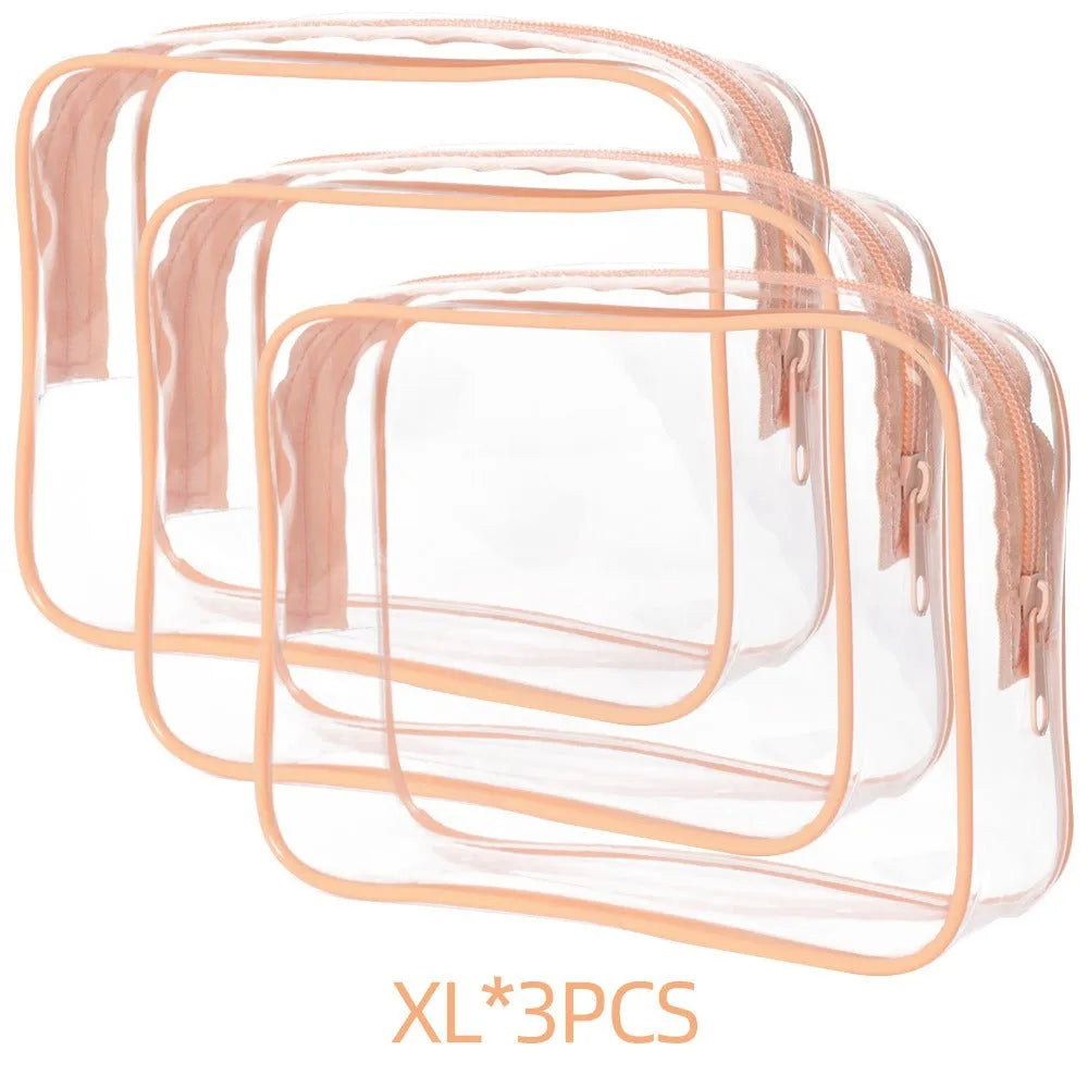 PVC transparent makeup bag set showing three semi-transparent bags in L and XL sizes
