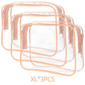 PVC transparent makeup bag set showing three semi-transparent bags in L and XL sizes