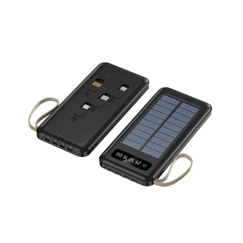 Black or white solar power bank showing the solar panel and USB ports, with a multi-purpose charging cable.