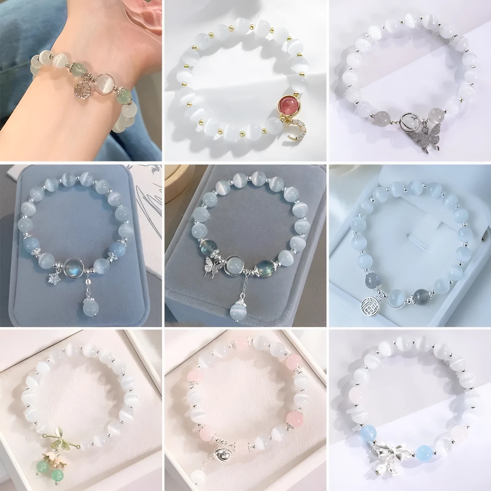 Women's beaded bracelet with diamond-shaped cat's eye opal stones in multiple colour options on a wrist.