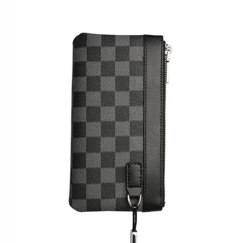Black men's leather plaid clutch wallet showing first layer cowhide construction with 20x10cm dimensions