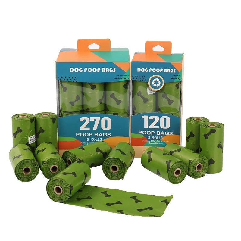 Military green degradable dog poop bags with black bone print showing roll format and dimensions