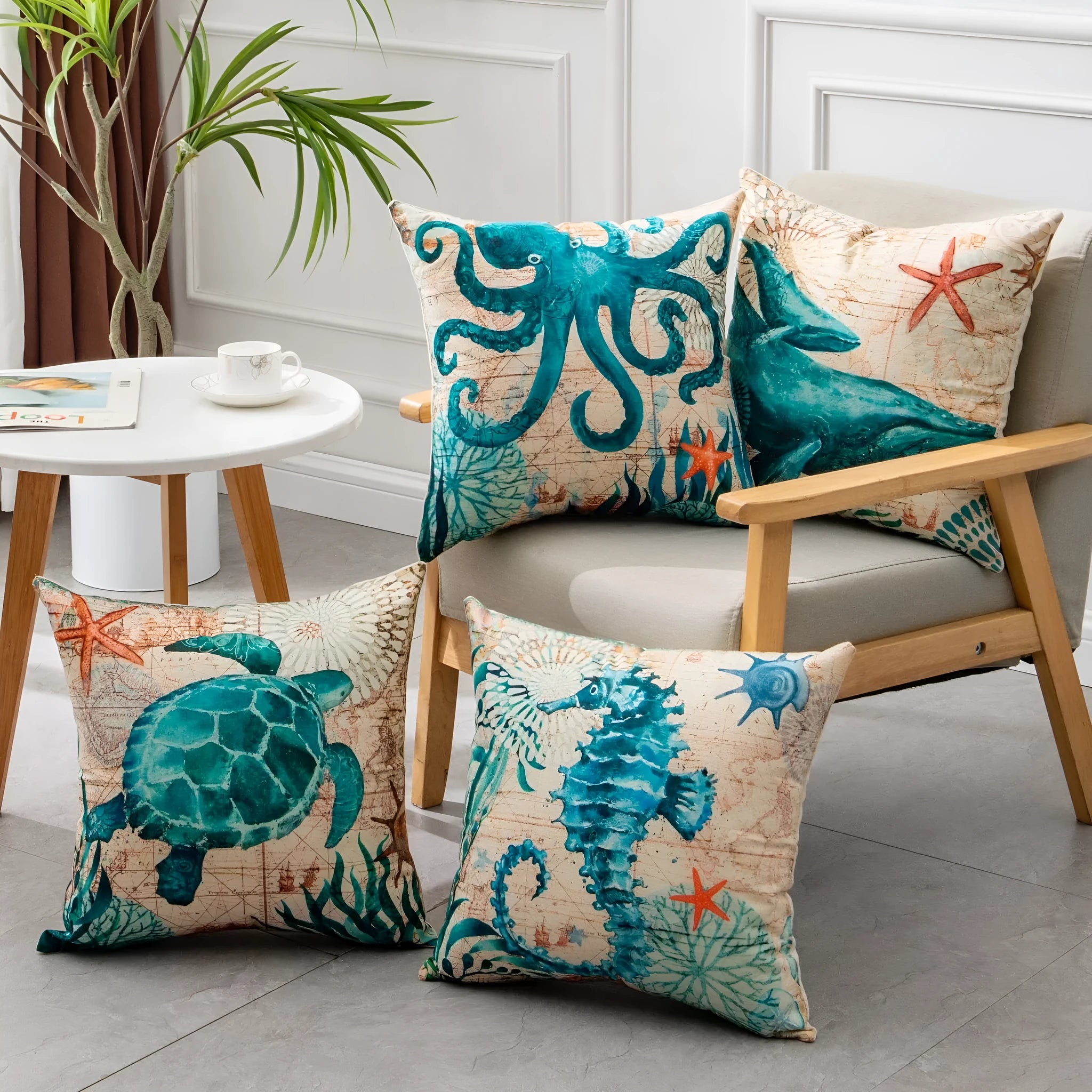 Sea turtle printed linen cushion cover 45x45cm with invisible zipper closure