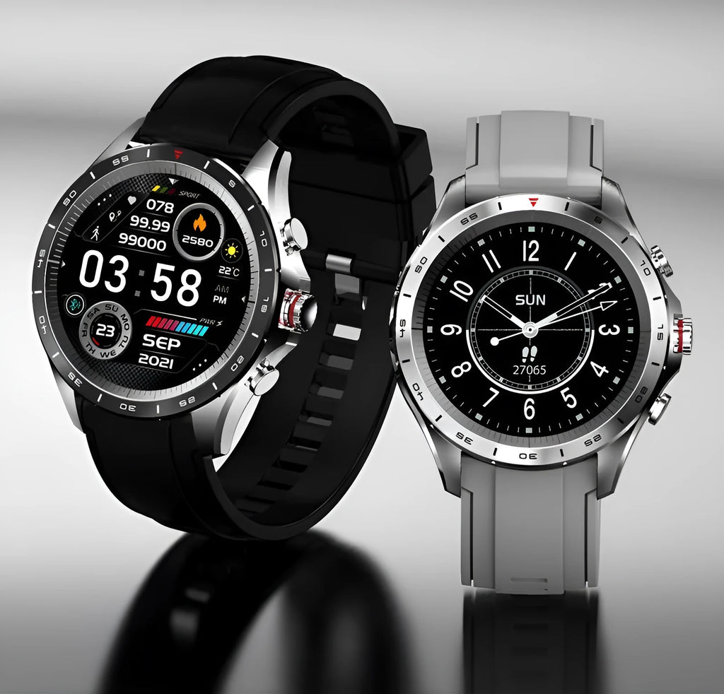 Men's black smart bracelet watch with zinc alloy screen and silicone wristband on a wrist.