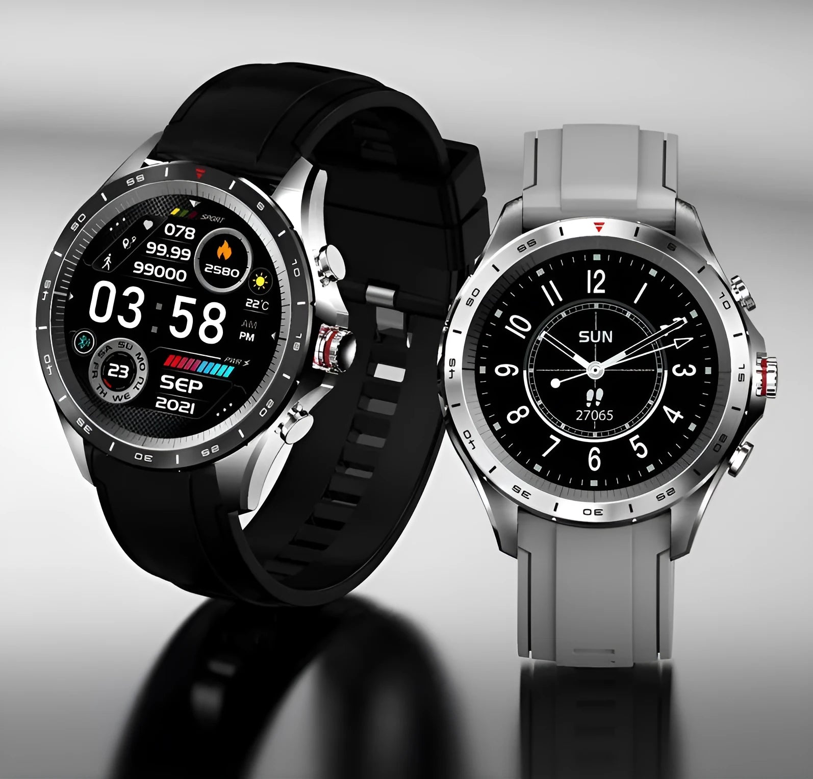 Men's black smart bracelet watch with zinc alloy screen and silicone wristband on a wrist.
