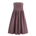 Women's plaid tube top dress with asymmetric pleated skirt, sling style, long sleeves, polyester fabric