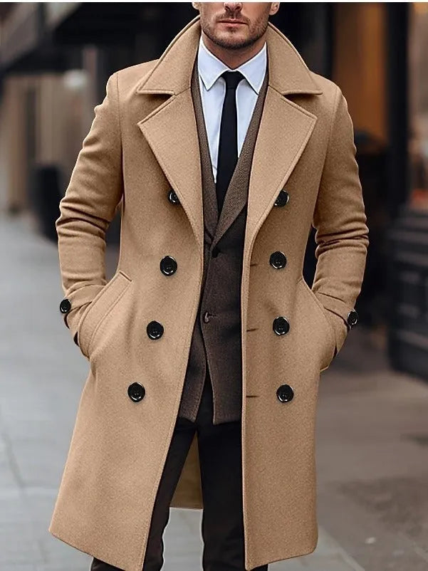 Men's long double breasted woolen coat in dark gray, black or khaki, sizes S to XXXL