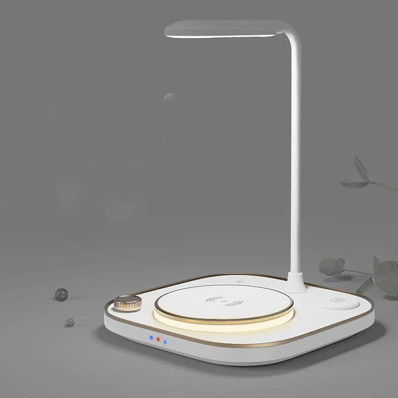 Black wireless magnetic charger with desk lamp showing 15W fast charging capability and Type-C cable