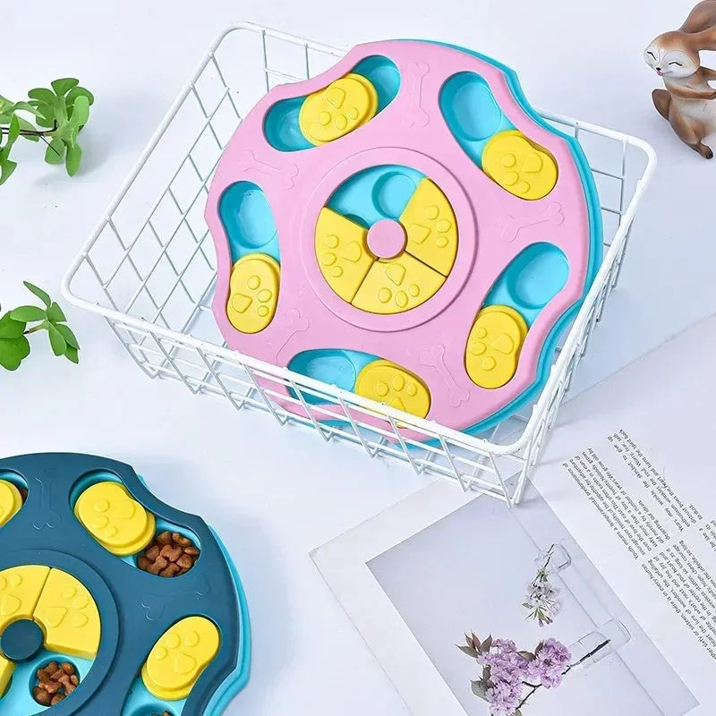 Blue interactive dog puzzle feeder toy with food compartments for mental stimulation during mealtimes