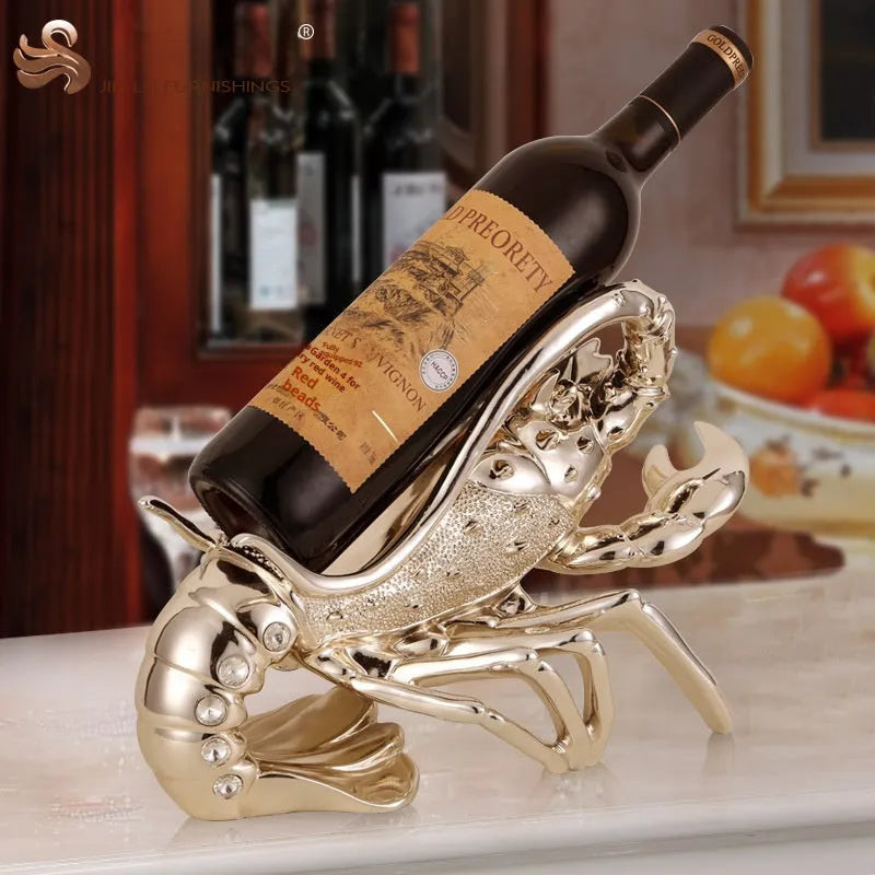 Lobster-shaped wine rack ornament in rose gold or silver resin for decorative bottle display.