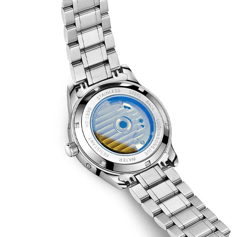 Men's stainless steel mechanical watch with leather strap and sapphire crystal glass.