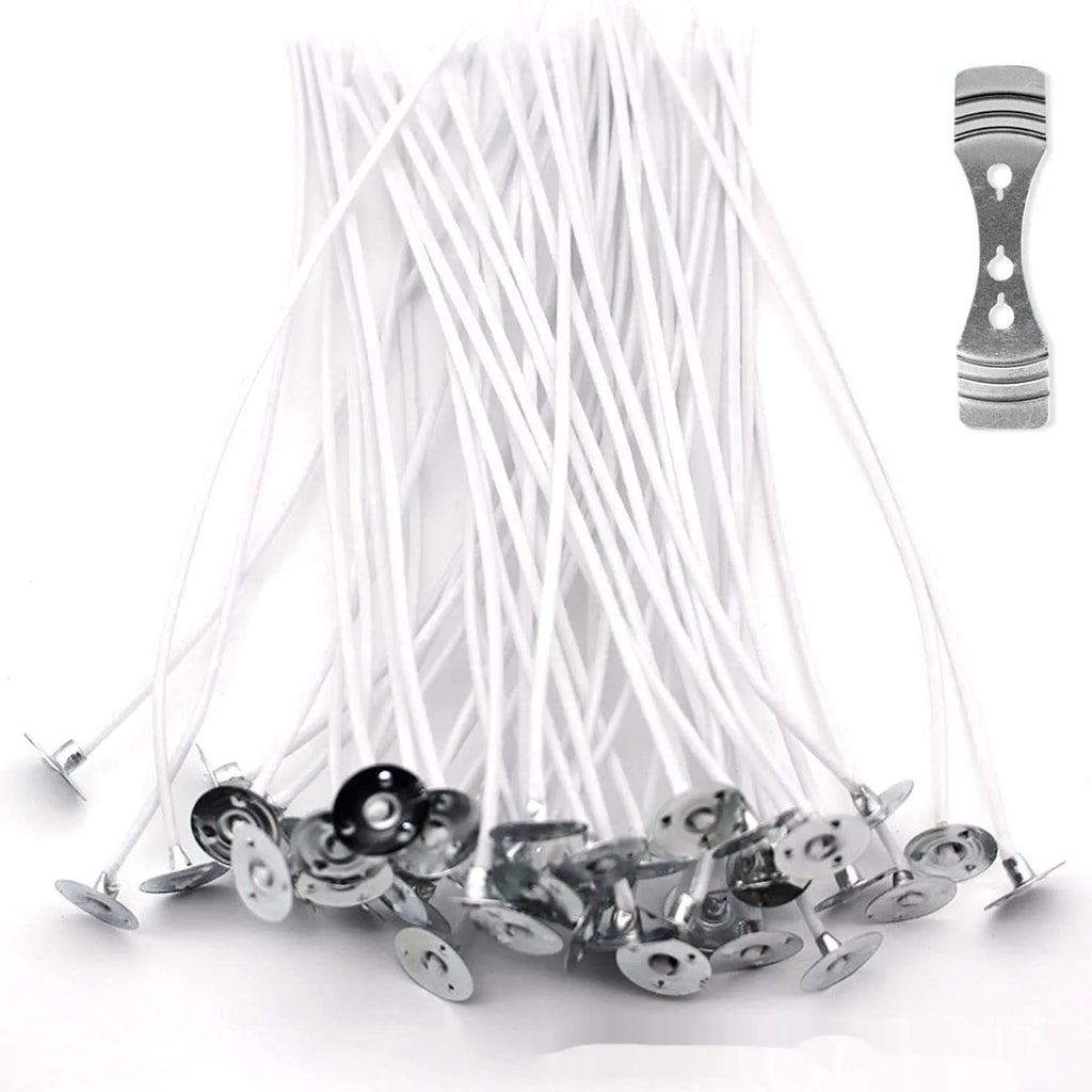 White cotton candle wicks for DIY candle making in three lengths: 2.6cm, 6cm, and 8cm