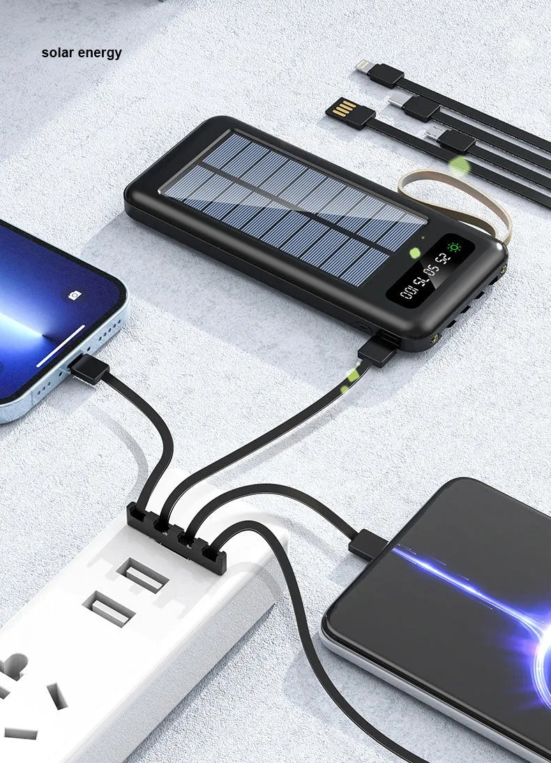Black or white solar power bank showing the solar panel and USB ports, with a multi-purpose charging cable.